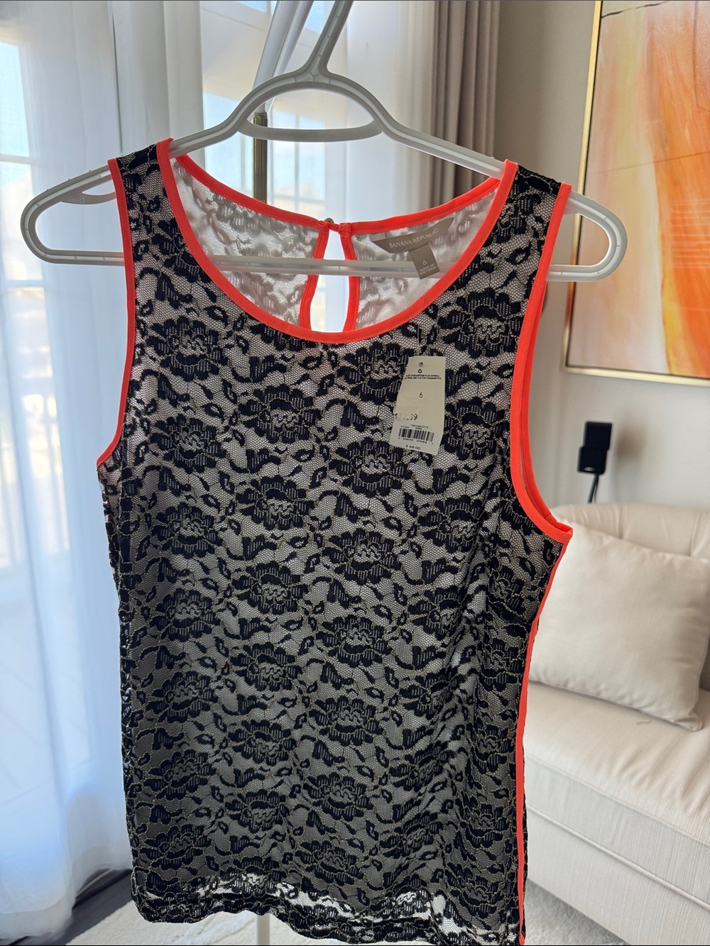 Banana Republic Sleeveless Lace Overlay Tank with Neon Trim - Black & Coral